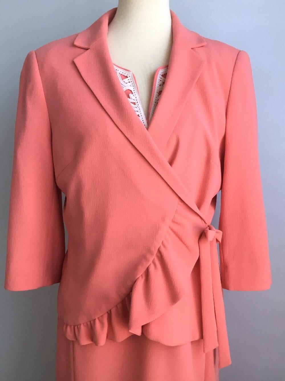 Sharagano Noir Peach Ruffle Wrap Crepe Blazer Suit Jacket 12 V Neck Work